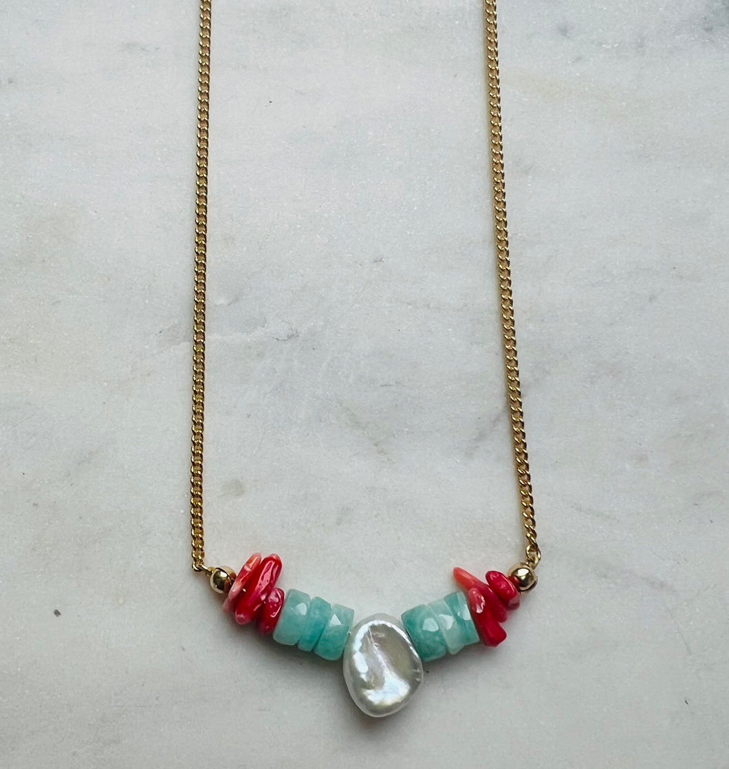 Amazonite, Coral and Pearl Necklace