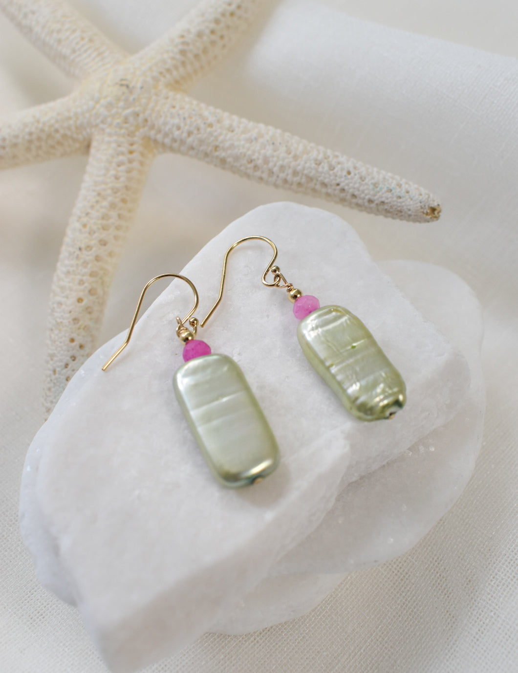 Green Pearl and Pink Earrings