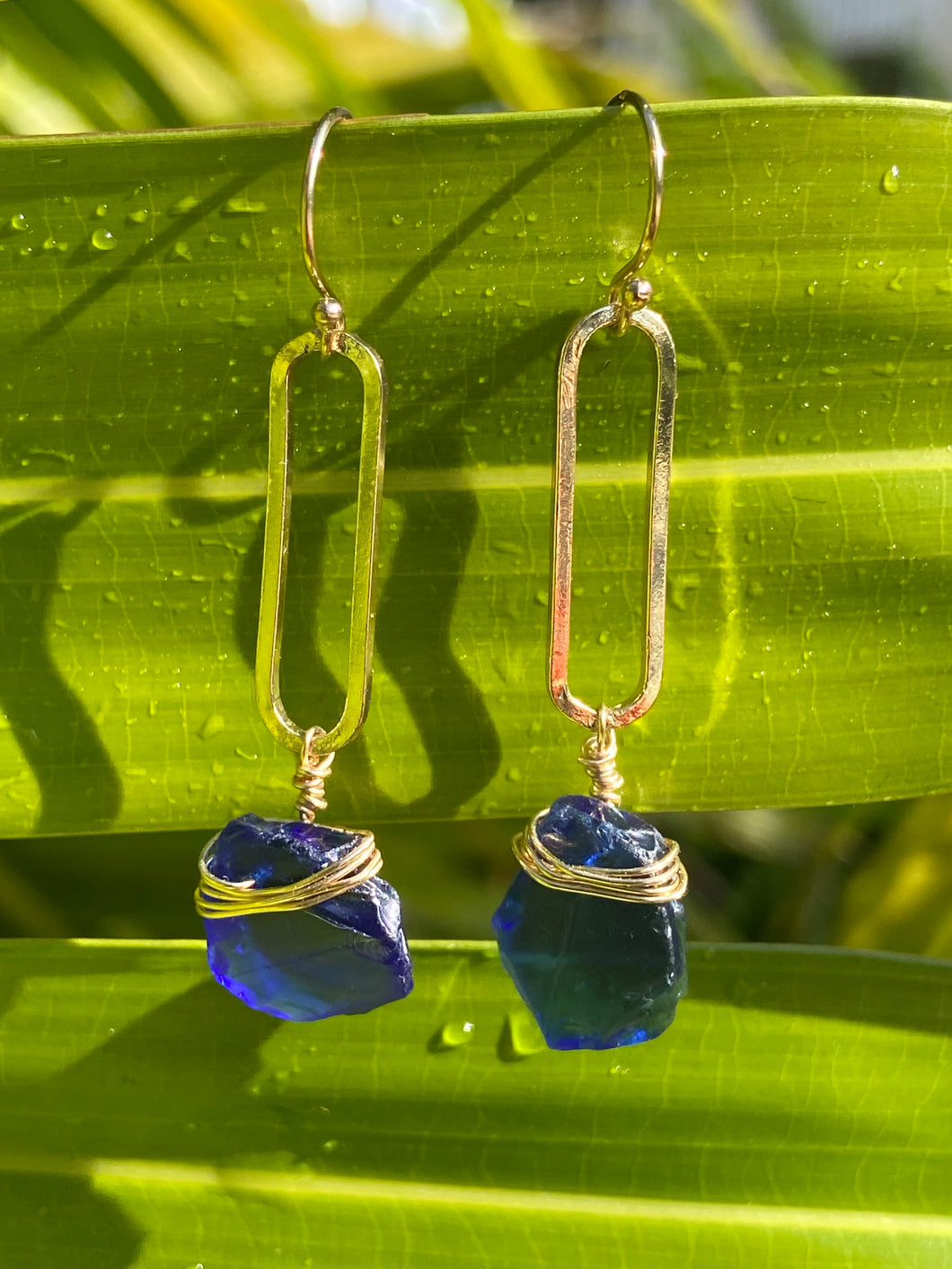 Royal Blue “Sea Glass” and Gold Earrings