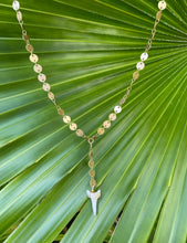 Load image into Gallery viewer, Gold Sequin Lariat White Shark Tooth Necklace
